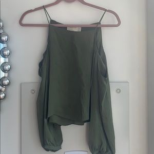 NWT 100% SILK Nicole Miller Olive green silk open shoulder top